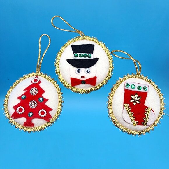 Vintage Felt Christmas Ornaments Set • Snowman w/ Googly Eyes • Beaded Tree • Se - Picture 6 of 11